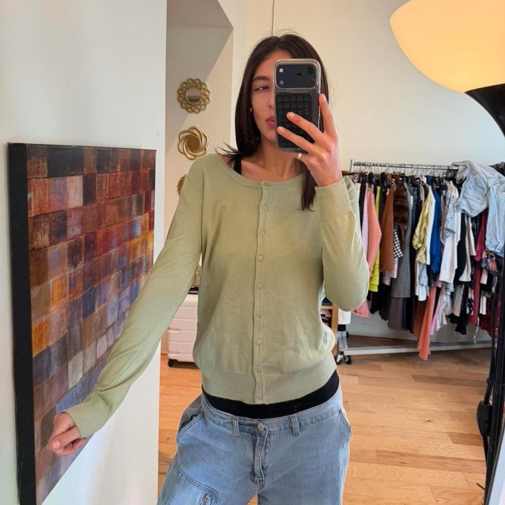Light Green Classic Button-Front Cardigan